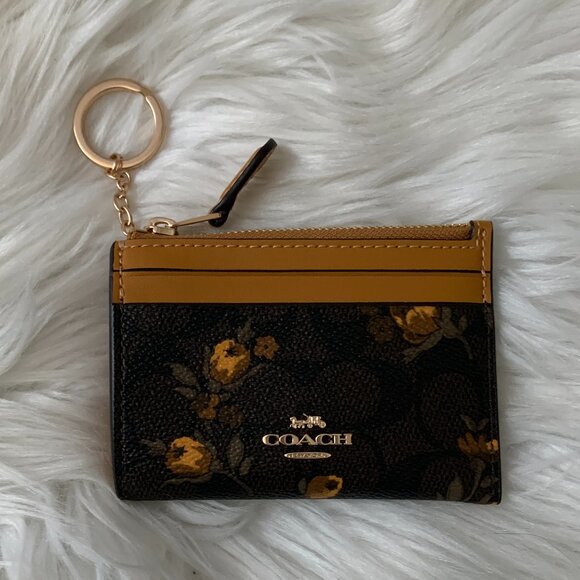 COACH Floral Mini Skinny ID Wallet in Walnut/Yellow - Picture 1 of 3